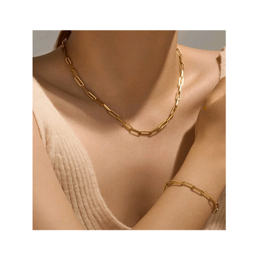 Paperclip Chain Necklace & Bracelet Set - Gold-Toned