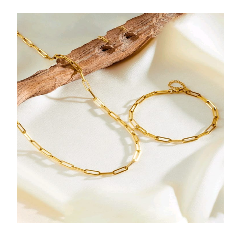 Paperclip Chain Necklace & Bracelet Set - Gold-Toned