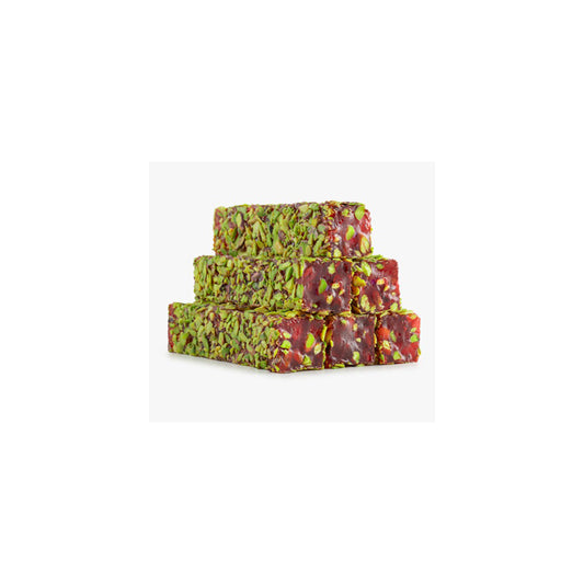 TURKISH DELIGHT - BULK - POMEGRANATE  FLAVOURED PISTACHIO DELIGHT CUT COATED WITH PISTACHIO FILLETS