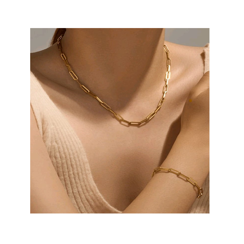 Paperclip Chain Necklace & Bracelet Set - Gold-Toned
